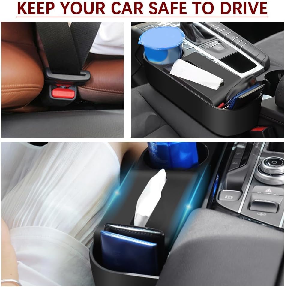 3 in1 Car Seat Gap Filler Organizer with Cup Holder& Car Tissue Holder, Azonee Multipurpose Seat Gap Storage Box, Auto Console Side Storage Box for Drink, Car Organizer Front Seat for Phones, Glasses