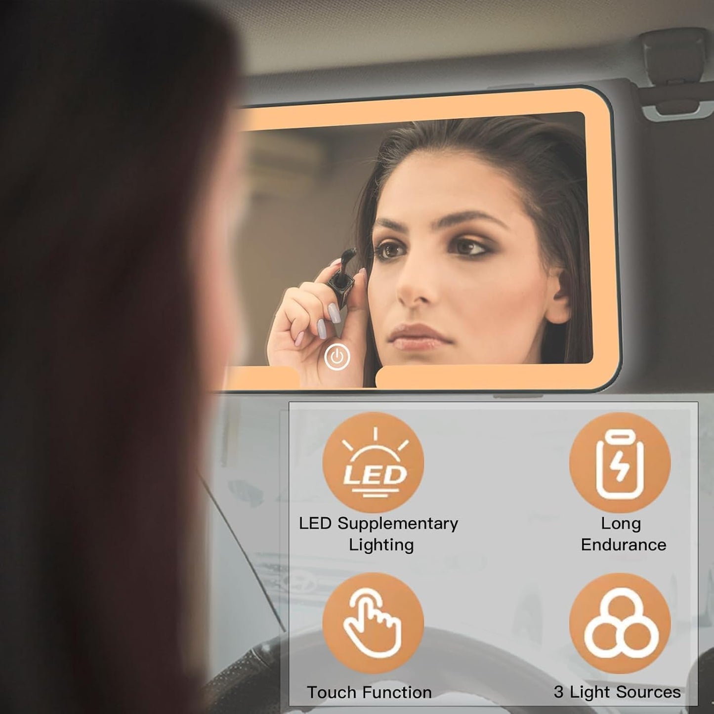 مرآة تجميل LED لحاجب الشمس في السيارة، مرآة مكياج قابلة لإعادة الشحن مع شاشة تعمل باللمس، 3 أوضاع إضاءة، حاجب شمس محمول لمستحضرات التجميل مع أضواء LED للسيارات