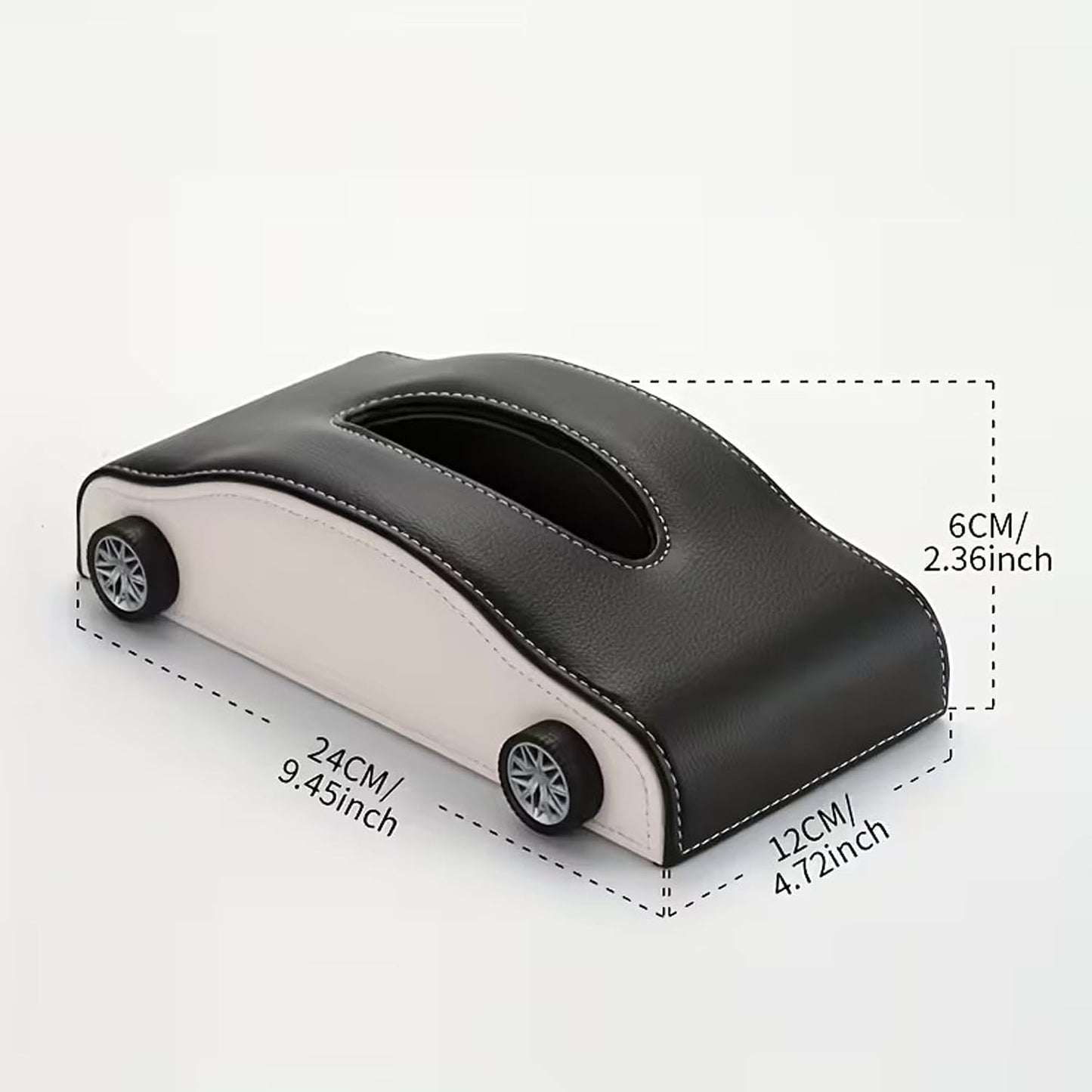 Car-Shaped Tissue Box Holder, PU Leather Tissue Case with Anti-Slip Base, Auto Interior Organizer Napkin Holder, Luxury Car Accessories for Dashboard (Black and beige)