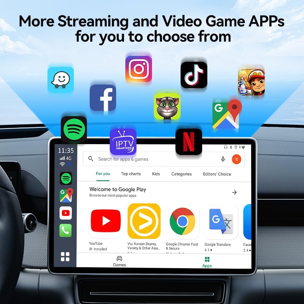 جهاز اندرويد 13 ايه اي بوكس اصدار LED من كارلينكيت، كوالكوم 8 نواة، 8+128GB، محول 3 في 1 مع شبكة 4G خلوية، بث فيديو، جوجل بلاي مدمج، مناسب فقط لسيارات كاربلاي السلكية في المصنع