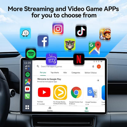 جهاز اندرويد 13 ايه اي بوكس اصدار LED من كارلينكيت، كوالكوم 8 نواة، 8+128GB، محول 3 في 1 مع شبكة 4G خلوية، بث فيديو، جوجل بلاي مدمج، مناسب فقط لسيارات كاربلاي السلكية في المصنع