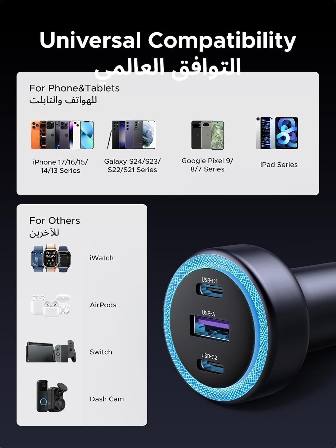 شاحن سيارة USB C من يوجرين، محول هاتف بقدرة 30 واط بمنفذين من النوع C، شاحن سيارة ايفون 17 بشحن سريع، PD 3.0 30 واط/QC 3.0 22.5 واط، لسلسلة ايفون 17/16/15/14، سامسونج، هواوي، شاومي، ريدماي، ايباد، اير
