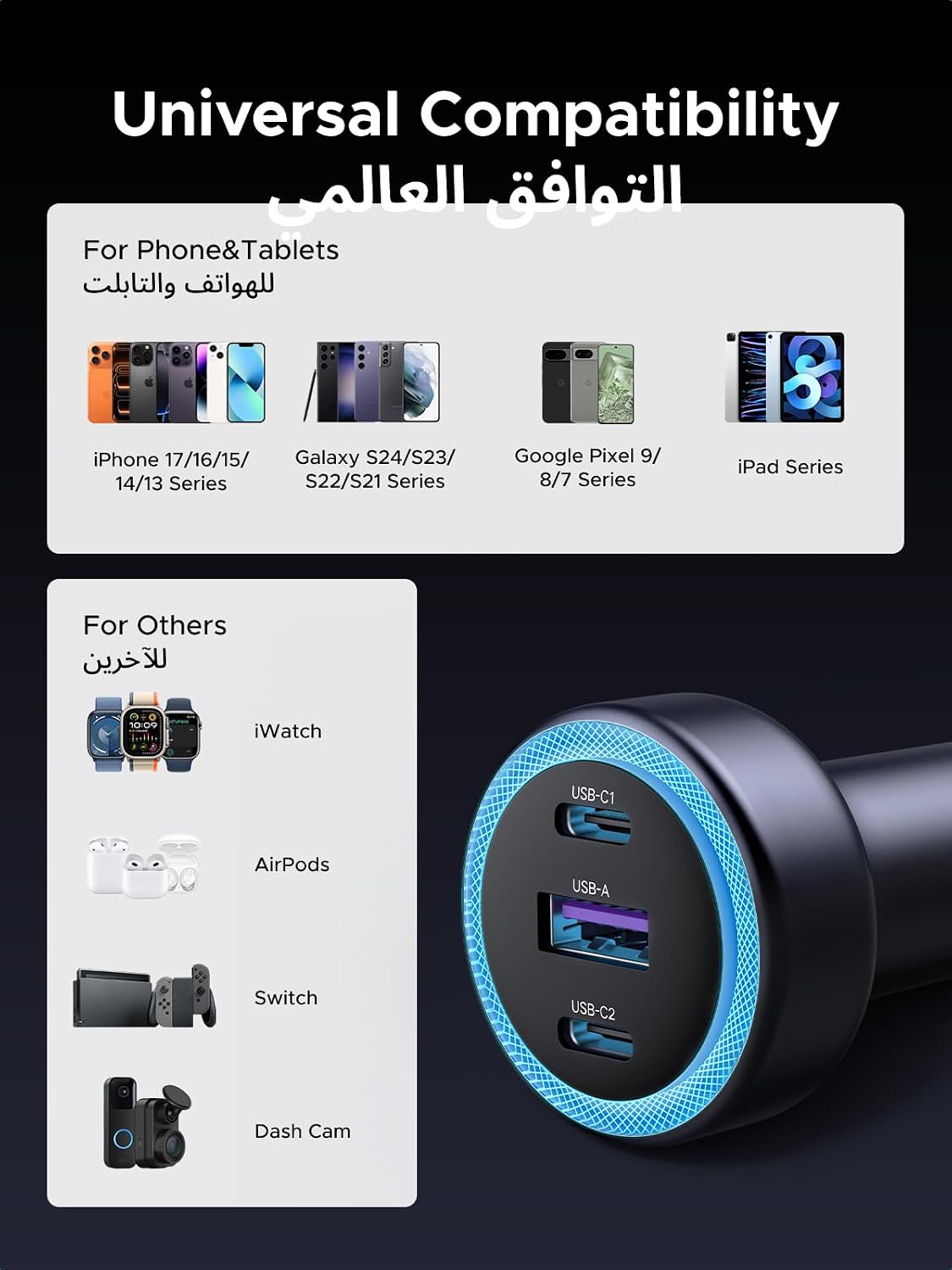 شاحن سيارة USB C من يوجرين، محول هاتف بقدرة 30 واط بمنفذين من النوع C، شاحن سيارة ايفون 17 بشحن سريع، PD 3.0 30 واط/QC 3.0 22.5 واط، لسلسلة ايفون 17/16/15/14، سامسونج، هواوي، شاومي، ريدماي، ايباد، اير