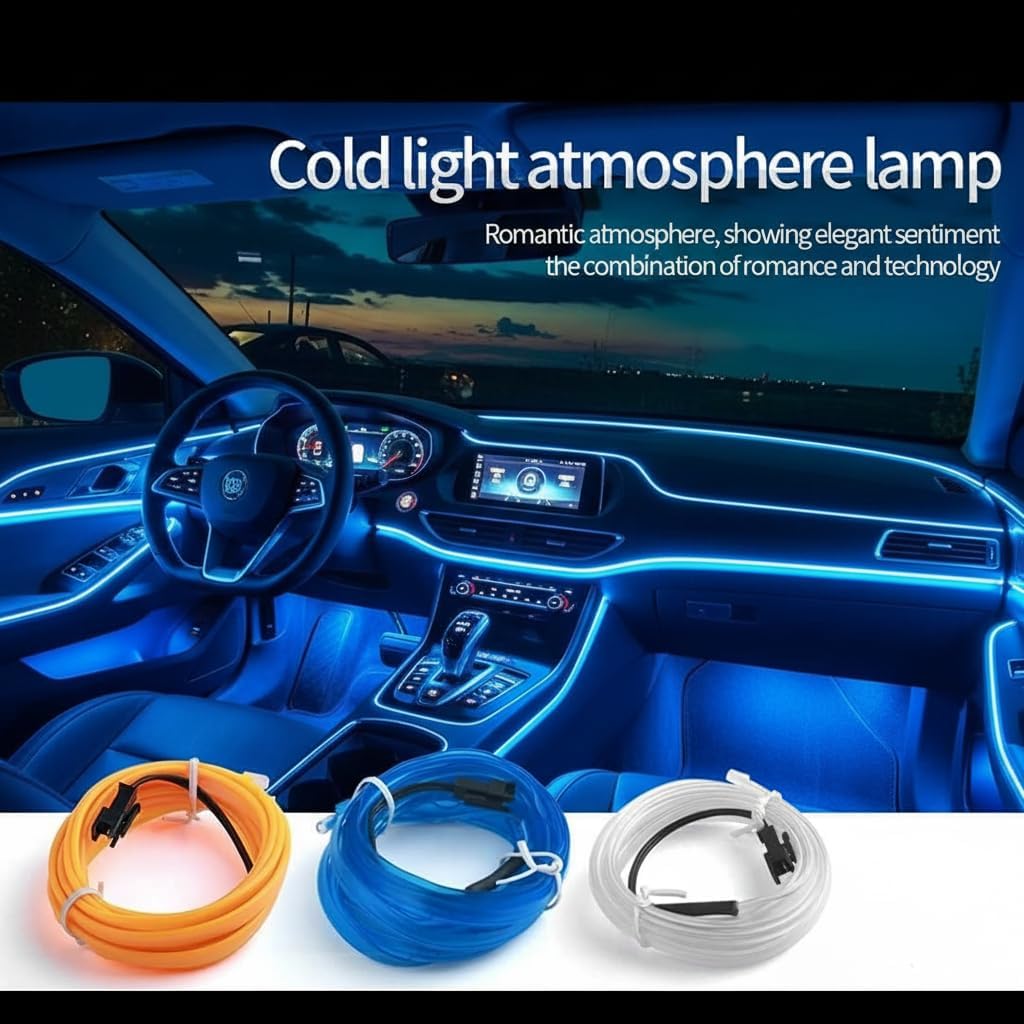 شريط اضاءة LED داخلي للسيارة بطول 5 متر من دونيكارت، مجموعة اضاءة محيطية نيون ولوحة متوهجة بسلك اي ال لتزيين لوحة العدادات الاوتوماتيكية، مصباح جو مع محول 12 فولت - ازرق ثلجي