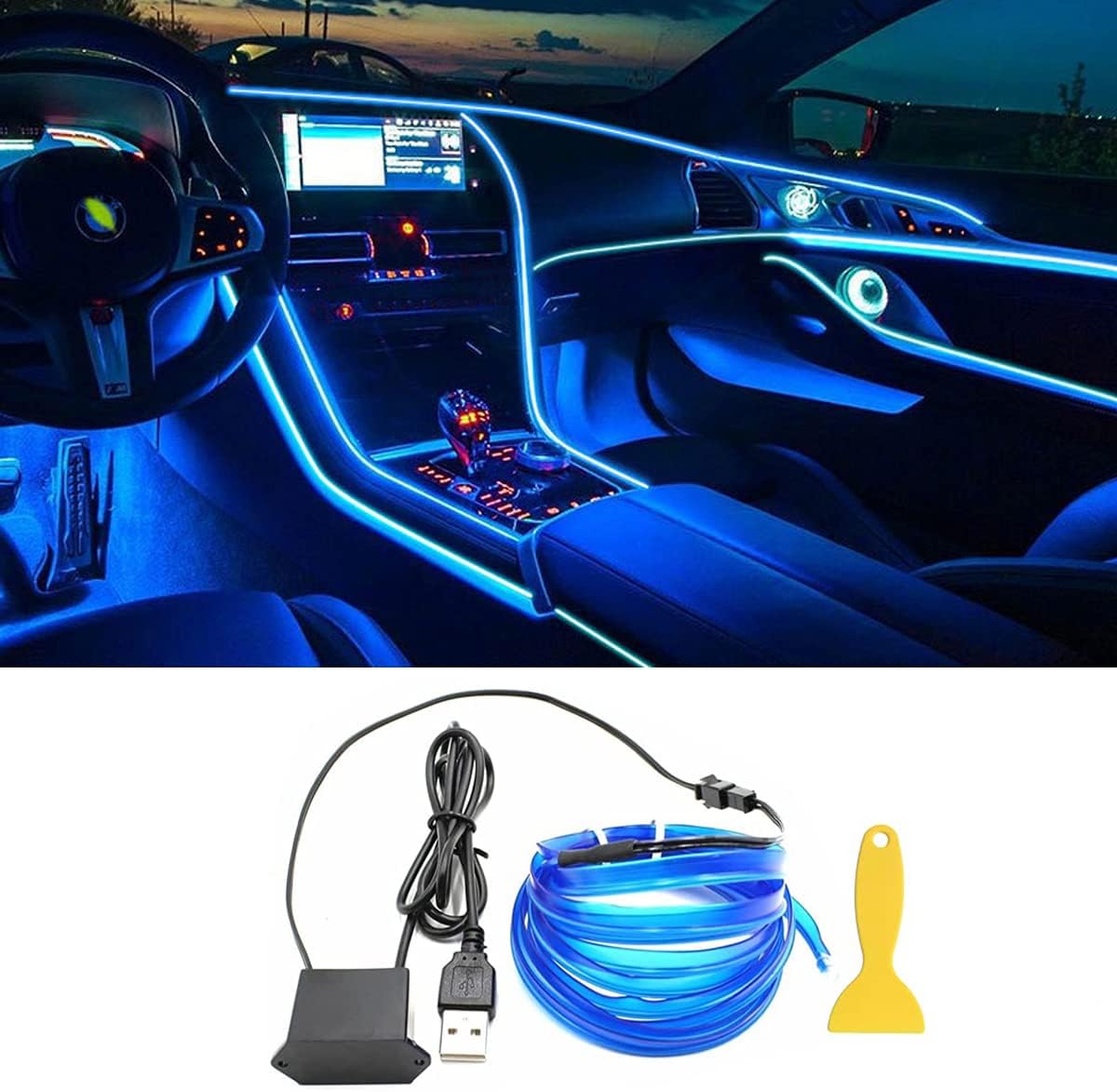 شريط إضاءة LED داخلي للسيارة من اي ال واير، ضوء نيون بارد بمنفذ USB مع حافة 6 ملم، مجموعة إضاءة محيطة للديكور الداخلي للسيارة، ديكورات الحديقة من ميكنج تيك (5 متر/16.4 قدم، أزرق فاتح)