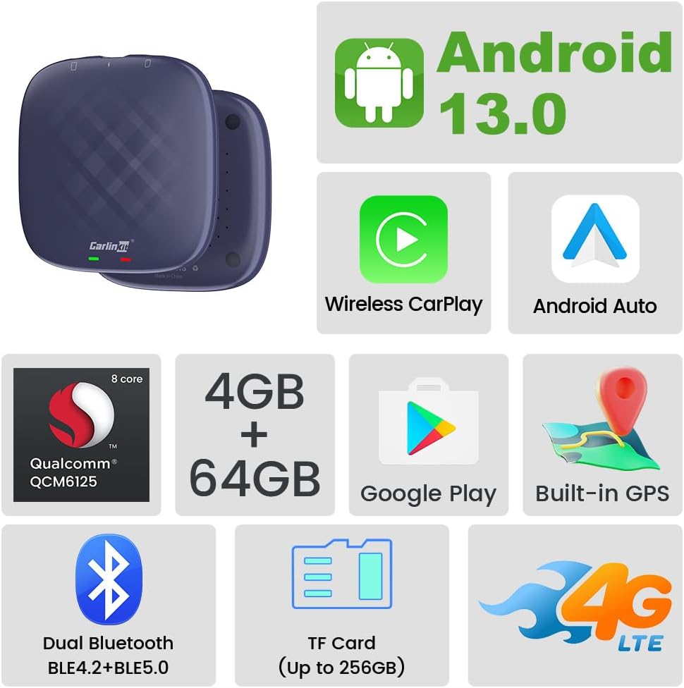كارلينكيت ايه اي بوكس برو: ترقية المعلومات والترفيه في سيارتك مع اندرويد 13.0، 4+64GB، سناب دراغون 665، 4G LTE وبلوتوث وواي فاي، كاربلاي لاسلكي/اندرويد اوتو، GPS مدمج وجلوناس، توسيع بطاقة TF