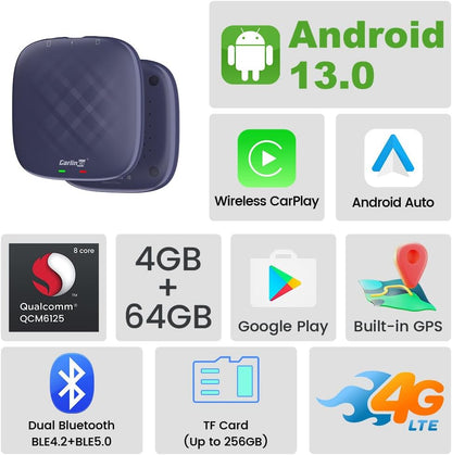 كارلينكيت ايه اي بوكس برو: ترقية المعلومات والترفيه في سيارتك مع اندرويد 13.0، 4+64GB، سناب دراغون 665، 4G LTE وبلوتوث وواي فاي، كاربلاي لاسلكي/اندرويد اوتو، GPS مدمج وجلوناس، توسيع بطاقة TF