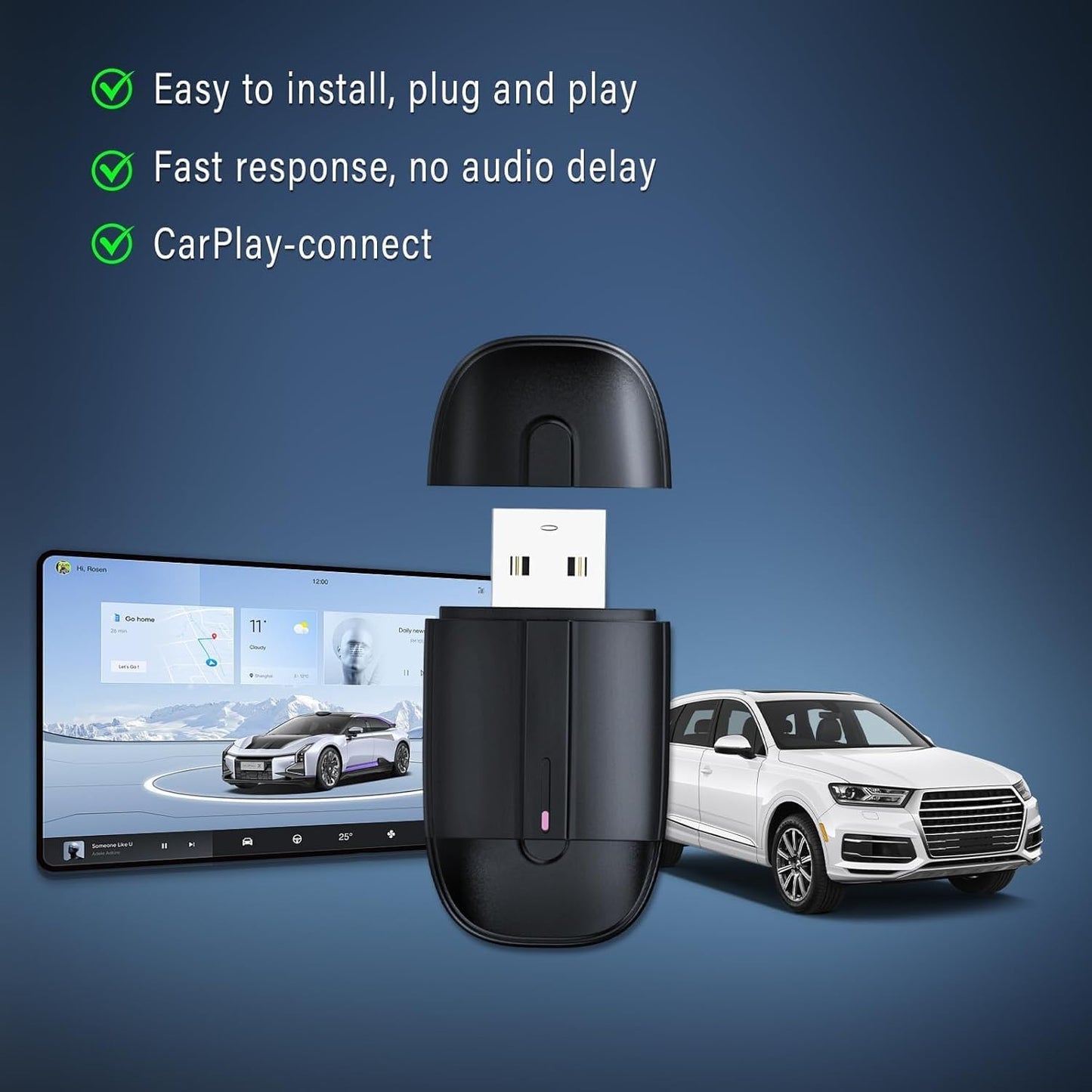 محول كاربلاي لاسلكي لايفون، USB A ونوع C، مطور سلكي الى لاسلكي كاربلاي، التوصيل والتشغيل، تصميم مضغوط، متوافق مع سيارات 2017+، اي او اس 10 وما فوق، اسود