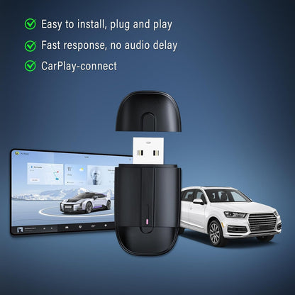 محول كاربلاي لاسلكي لايفون، USB A ونوع C، مطور سلكي الى لاسلكي كاربلاي، التوصيل والتشغيل، تصميم مضغوط، متوافق مع سيارات 2017+، اي او اس 10 وما فوق، اسود