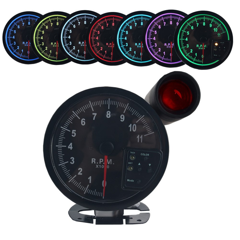 ديوهيل مقياس سرعة دوران الكتروني 5 انش 7 الوان LED 11K 12 فولت عدد الدورات في الدقيقة مع ضوء تغيير احمر ووجه اسود تلقائي جي دي ام عالمي 11000، اكسسوارات السيارات