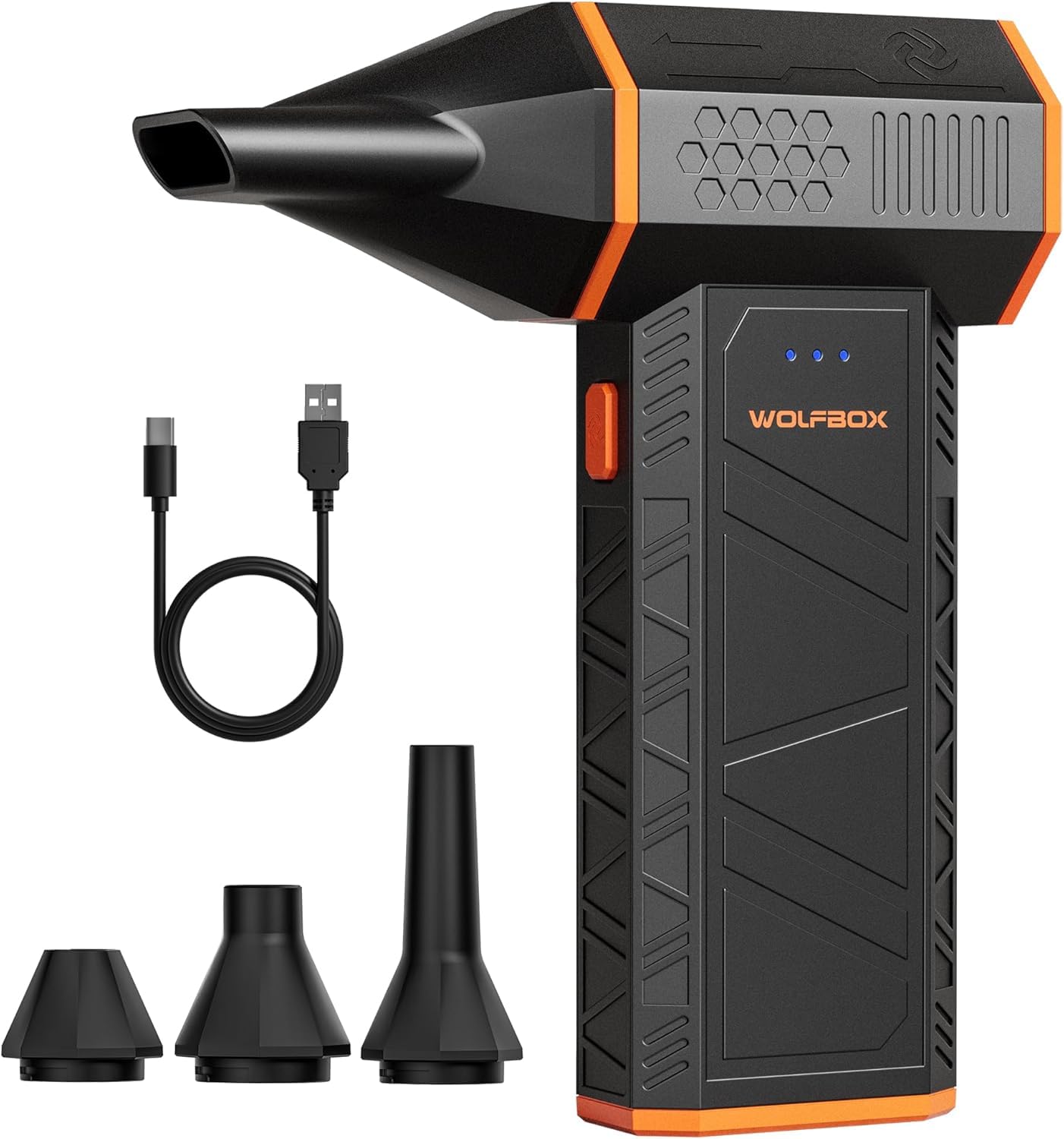 منفاخ هواء كهربائي من طراز MegaFlow 50 من WOLFBOX بسرعة 110000 دورة في الدقيقة، منفاخ صغير قابل لضبط 3 سرعات، لاسلكي، شحن سريع، مناسب لإزالة الغبار في أجهزة الكمبيوتر، لوحات المفاتيح، السيارات
