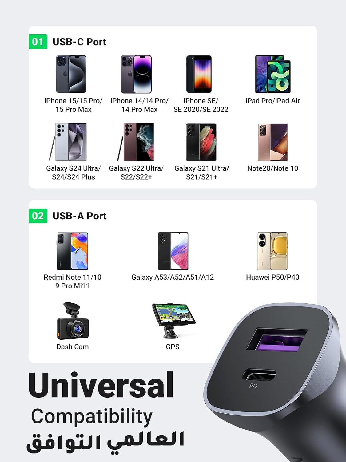 يوجرين شاحن سيارة سريع الشحن PD30W بمنفذين USB C لهاتف ايفون 16 برو ماكس شاحن سريع الشحن للسيارة ومحول هاتف مع كابل USB C بطول 1 متر مضفر لهاتف ايفون 16 وجالاكسي S23 وهواوي وايبود برو وشاومي