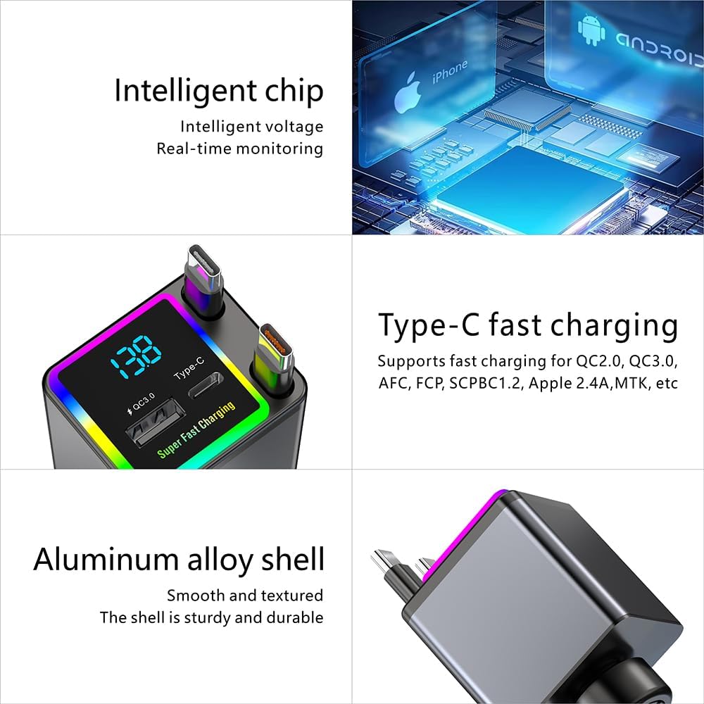 شاحن سيارة X18 قابل للسحب 4 في 1 مع اضاءة RGB من اكس زد ام، محول سيارة USB مزدوج نوع C بقدرة 141 واط، شاحن سيارة صغير الحجم لايفون، متوافق مع اساسيات الرحلات البرية 12 فولت - 24 فولت (كيبل مزدوج من النوع C)