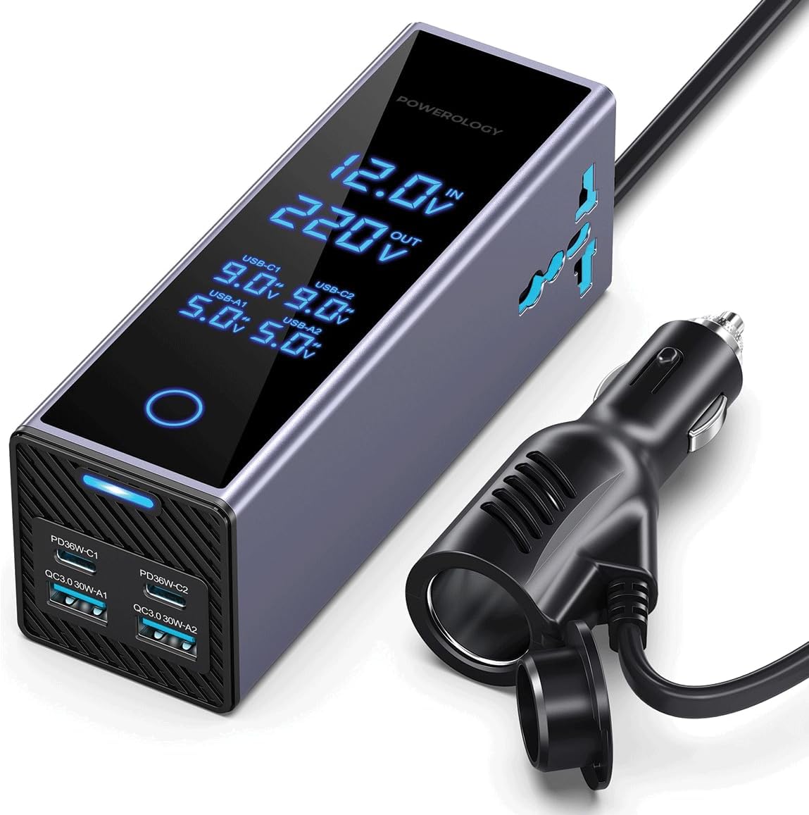 باورلوجي عاكس كهربائي للسيارة 300 واط، منفذان AC، منفذان USB بشحن سريع بقدرة 36 واط، محول قابس مدمج للمركبات، شاشة عرض الجهد، شاحن سيارة للهاتف أو الكمبيوتر المحمول، حماية مدمجة