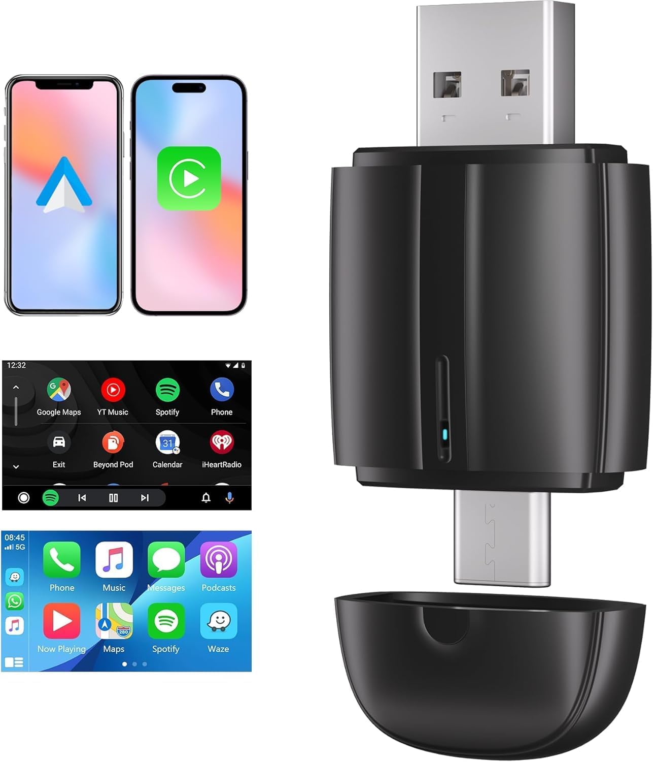 محول كاربلاي لاسلكي واندرويد اوتو - USB A + نوع C واجهة مزدوجة 2 في 1 دونجل لاسلكي لتشغيل السيارات او اي ام السلكي