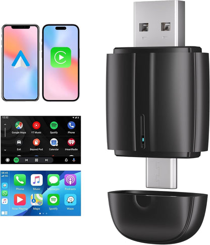 محول كاربلاي لاسلكي واندرويد اوتو - USB A + نوع C واجهة مزدوجة 2 في 1 دونجل لاسلكي لتشغيل السيارات او اي ام السلكي