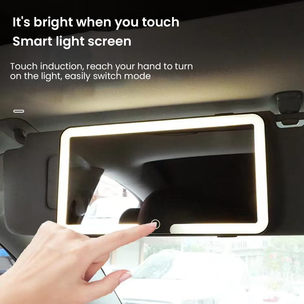 BIGTHREE® Car Sun Visor LED Cosmetic Mirror, Universal Car Mirror Vanity, with 3 Light Modes, Dimmable Touch Control, LED Car Light Up Mirror, Rechargeable Car Makeup Mirror, for all cars