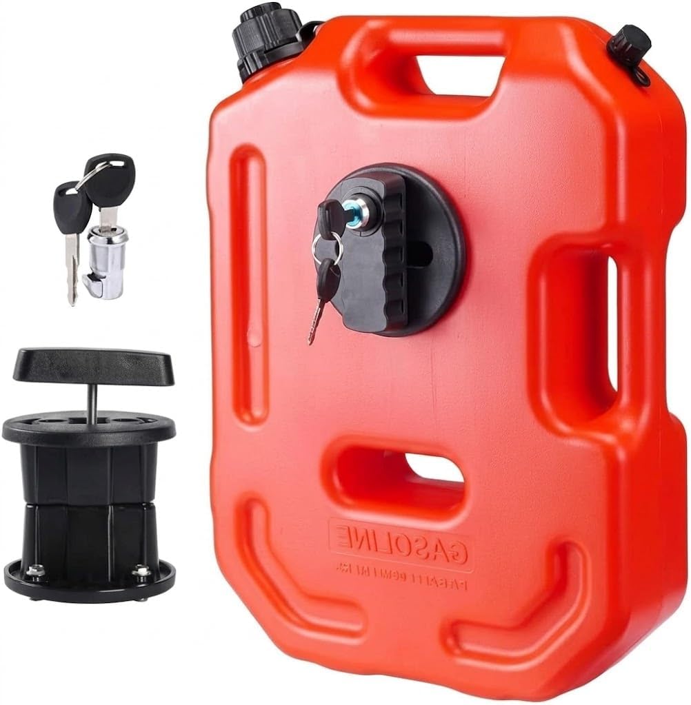 2.6 Gallon Portable Fuel Jerry Can with Anti-Theft Mounting Lock & Keys – 10L Auxiliary Gas Container, Emergency Spare Fuel Tank for Car, Truck, Jeep, SUV, Motorcycle, ATV, Boat, Red