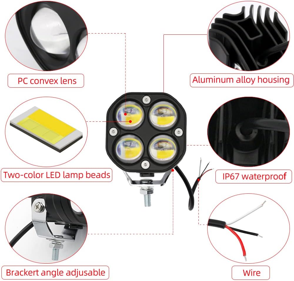 مصابيح LED بلون كهرماني/أصفر وأبيض ثنائي اللون، قطعتان 40 واط 7.6 سم، مصابيح ضباب LED للقيادة على الطرق الوعرة، مصابيح مساعدة للعمل، مصابيح ضباب مناسبة للدراجات النارية والشاحنات والسيارات وسيارات