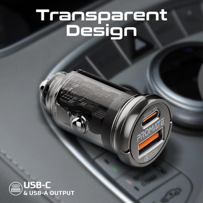 بروميت شاحن سيارة، محول سيارة شفاف صغير للغاية 65 واط مع منفذ توصيل طاقة USB نوع سي، منفذ USB نوع A، مقبض صغير وحماية من الحرارة متوافق مع آيفون 17، جالاكسي 23، ترانس درايف، 65 واط