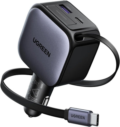 يوجرين شاحن سيارة قابل للسحب 60 وات مع كابل USB C مدمج 30 وات 75 سم، شاحن سيارة Type-C سريع الشحن 2C1A USB فائق السرعة، متوافق مع سلسلة iPhone 17، MacBook Pro/Air، Samsung S25 Ultra