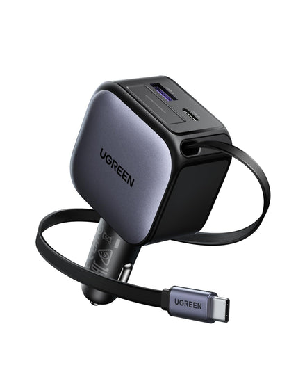 يوجرين شاحن سيارة قابل للسحب بقوة 145 واط مع كابل USB-C مدمج بقوة 60 واط بطول 70 سم، 3*USB-C منافذ+ 1*USB-A منفذ،شاحن سيارة فائق السرعة، متوافق مع iPhone 17 Pro Max، MacBook Pro/Air، Samsung S25 Ultra
