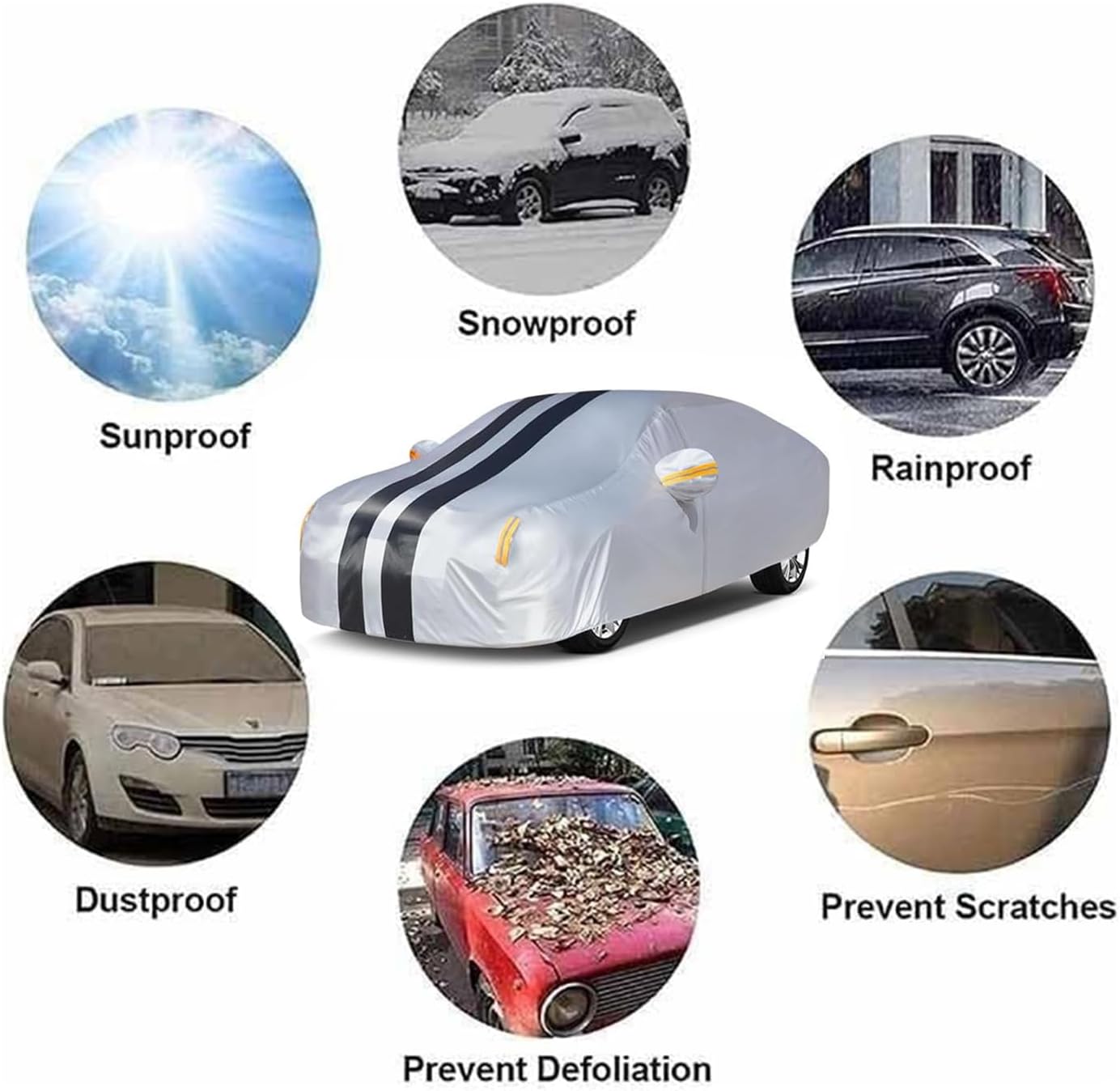 Full Car Cover, All Weather, Heavy Duty Car Covers for Rain Sun UV Protection With Door Zipper, Fits For BMW, Benz ，Lexus，Toyota，Sedans Other Car，Fits Sedan Length 4.5-5.3m (L)