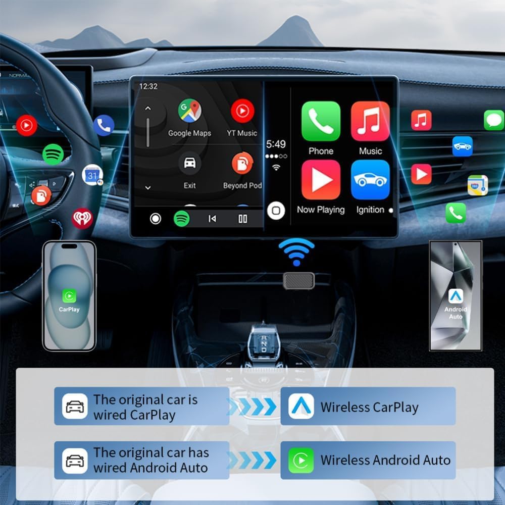 محول كاربلاي لاسلكي - متوافق مع USB-A وUSB-C لايفون واندرويد - 2 في 1 كار بلاي واندرويد اوتو، التوصيل والتشغيل، تحويل سلكي الى لاسلكي، اتصال تلقائي سريع، وقت استجابة منخفض، يعمل مع جميع السيارات