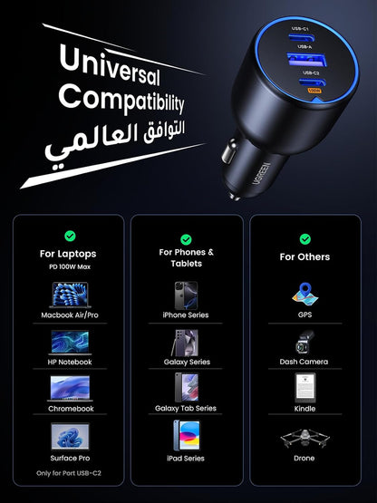 يوجرين شاحن سيارة 130W سريع الشحن لجهاز ماك بوك، شاحن سيارة 3 منافذ يو إس بي من Type C، شاحن سيارة فائق السرعة، متوافق مع ماك بوك إير/برو، سلسلة سامسونج إس 24/إس 23، سلسلة آيفون 16/15، إتش بي ديل