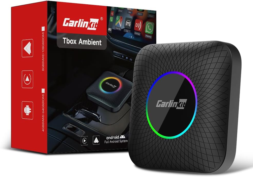 كارلين نت تي بوكس امبينت اندرويد 13 ايه اي بوكس 8GB+128GB، محول كاربلاي لاسلكي 3 في 1 مع اضاءة محيطية RGB وسناب دراغون 6225، نظام ترفيه سيارة مزدوج المناطق بدقة 4K (نتفليكس/شاهد/انغامي)