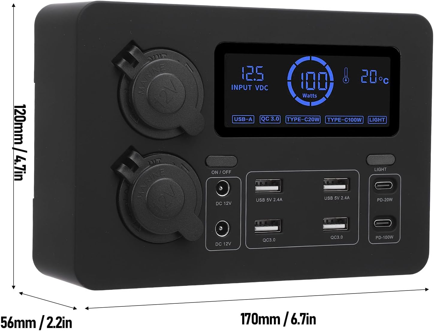 صندوق طاقة صغير للقارب 12 فولت من لوكيوت، شاشة LCD 100 واط بمنفذ USB C QC3.0 مع 4 منافذ لقارب ار في والسيارة وسيارات الدفع الرباعي والتخييم والصيد