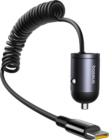 باسيوس 【منفذ واحد - كيبل ملفوف نوع C + 30 واط من النوع C】شاحن سيارة USB-C فائق السرعة بي دي وكيو سي 3.0 لايفون 15 وسامسونج وسلسلة وايباد وماك بوك اير والمزيد