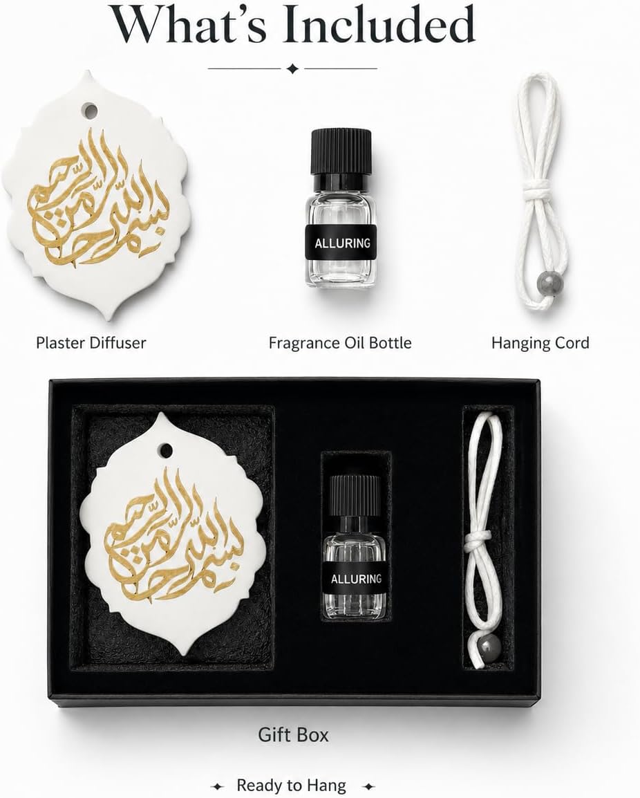 CLAWCARES Lavender Scent Plaster Diffuser Hanging Car Air Freshener, Refillable Plaster Aroma Essential Oil Diffuser with Basmalah Calligraphy, Long-Lasting Fragrance Ornament for Car, Home