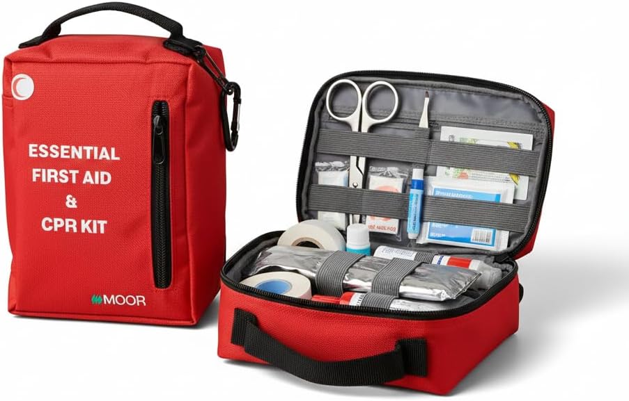 MOOR Essential First Aid & CPR Kit – Complete Emergency Survival Kit with Instant Ice Pack, Nitrile Gloves, CPR Face Shield, Gauze Pads, Bandages for Car, Home, Travel, Camping, Office