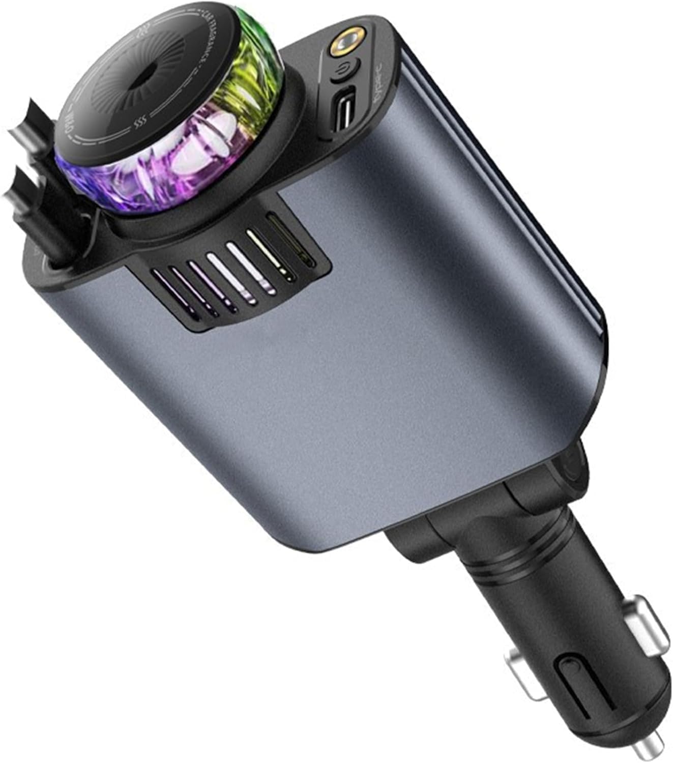 شاحن سيارة 5 في 1 برأس قابل للتعديل 180 درجة، كيبل شحن سريع قابل للسحب 80 سم USB-C وiOS، منفذ مزدوج 45 واط، معطر هواء مع ضوء LED على شكل نجمة، كيبل نوع C، شاحن سيارة سريع الشحن
