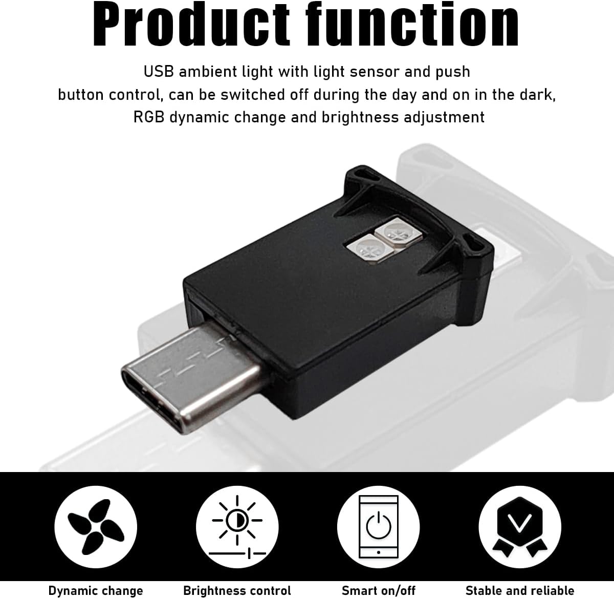 مصباح LED محيطي USB نوع C من بوفتي، مصباح LED صغير 8 الوان RGB، سطوع قابل للتعديل، مصباح جو داخلي للسيارات والمنزل واللابتوب واجزاء الاضاءة وملحقات السيارات