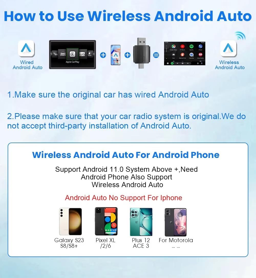 محول كاربلاي لاسلكي واندرويد اوتو - USB A + نوع C واجهة مزدوجة 2 في 1 دونجل لاسلكي لتشغيل السيارات او اي ام السلكي