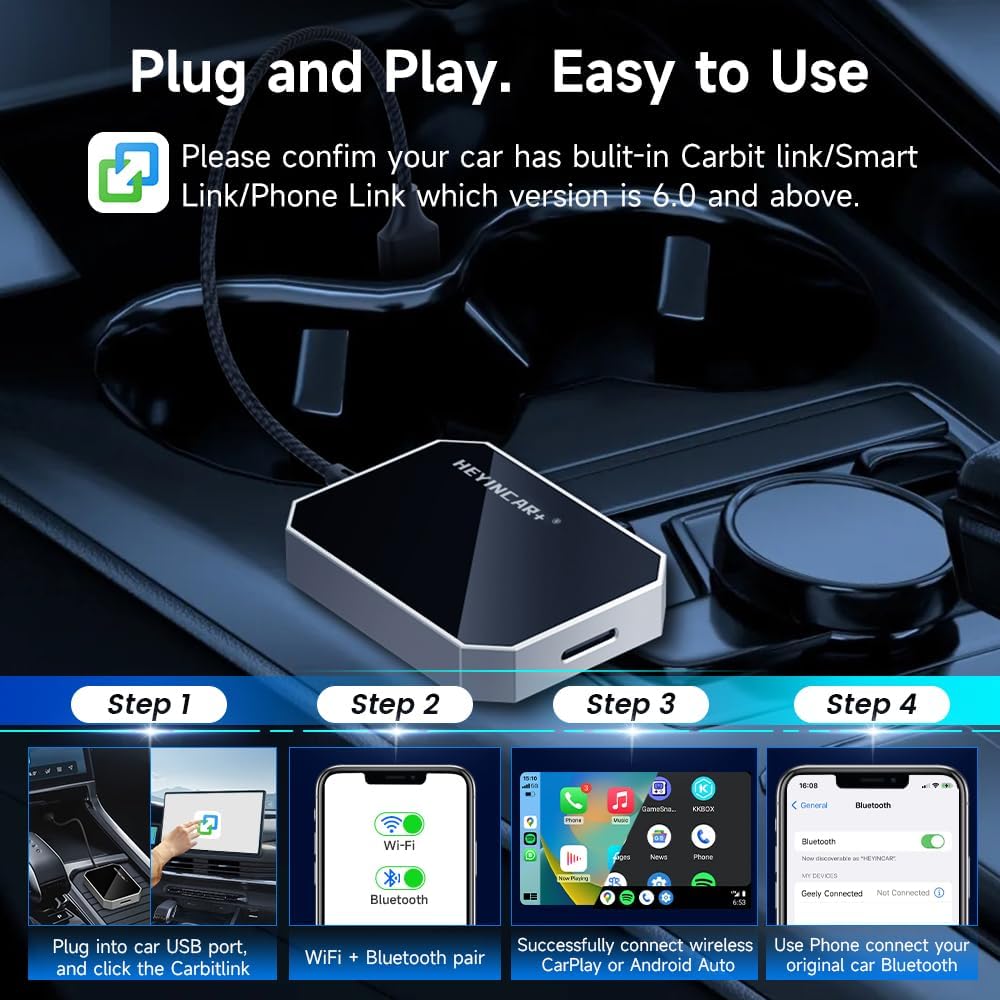 HEYINCAR 2026 Upgraded Wireless CarPlay Adapter for CarbitLink Cars, Wireless Android Auto Adapter, Faster Auto Connect, Plug & Play for Jetour Geely Changan Chery GAC Hongqi 2020+