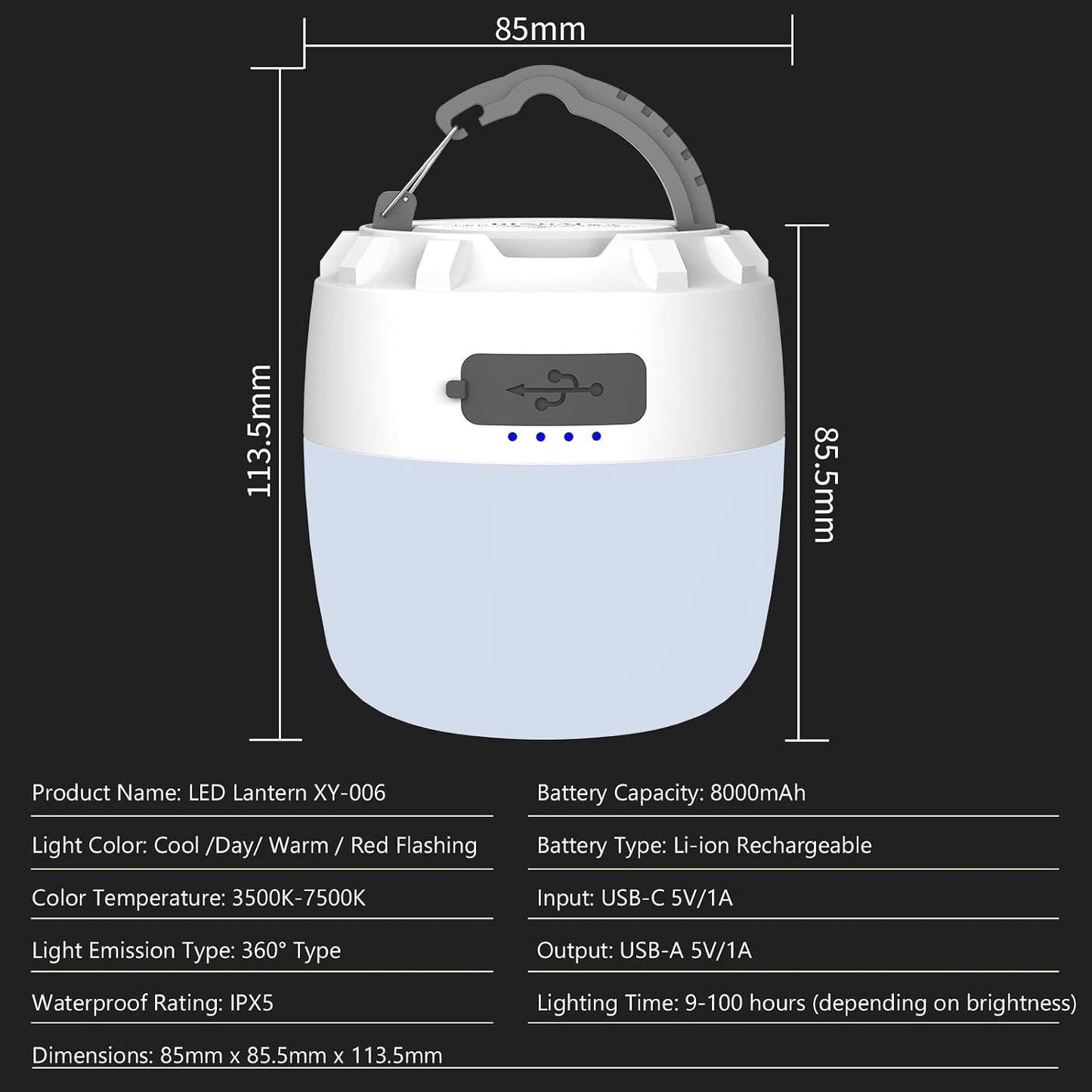 LED Camping Light, 8000mAh Camping Lantern Rechargeable, portable light with 4 Modes, Stepless Dimming, Built-in Magnet, IPX5 Waterproof, Tent Light for Camping, Emergency Lighting, Hiking, Fishing