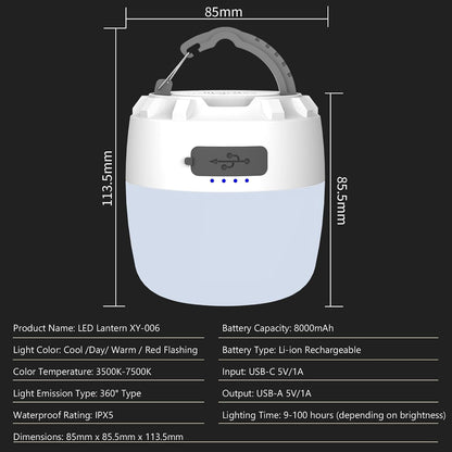LED Camping Light, 8000mAh Camping Lantern Rechargeable, portable light with 4 Modes, Stepless Dimming, Built-in Magnet, IPX5 Waterproof, Tent Light for Camping, Emergency Lighting, Hiking, Fishing