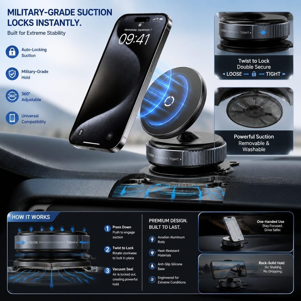 Vacuum Magnetic Car Phone Holder, 360° Rotatable Suction Cup Phone Mount with Strong Magnetic Grip, Adjustable MagSafe Compatible Mobile Holder for Car Dashboard, Mirror, Gym & All Smartphones