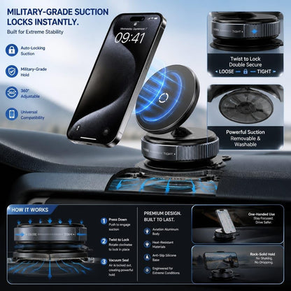 Vacuum Magnetic Car Phone Holder, 360° Rotatable Suction Cup Phone Mount with Strong Magnetic Grip, Adjustable MagSafe Compatible Mobile Holder for Car Dashboard, Mirror, Gym & All Smartphones