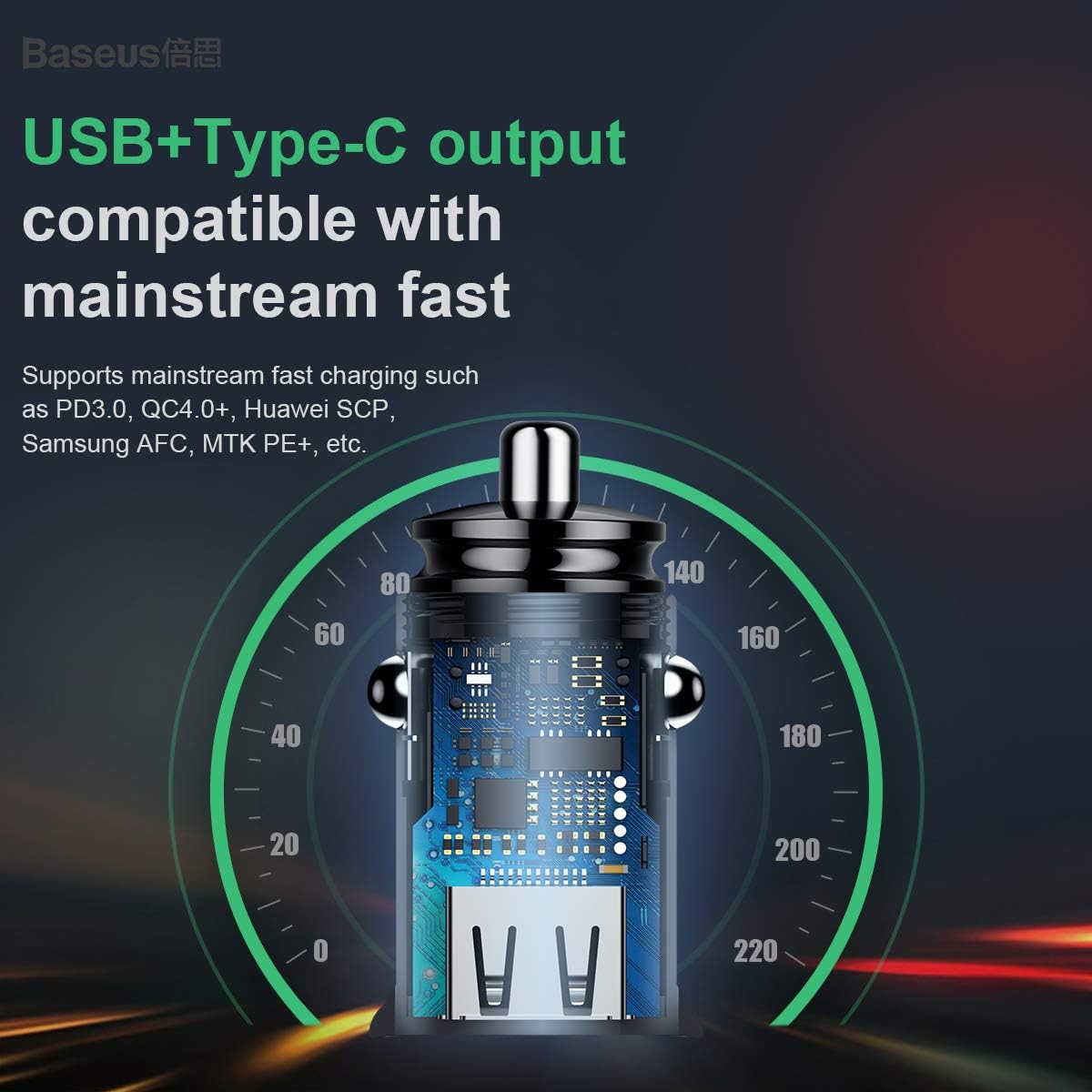 باسيوس شاحن سيارة ذكي سريع 30 واط بمنفذين USB وUSB-C يدعم QC4.0 PD3.0 SCP AFC VOOC، شاحن سيارة صغير 12 فولت - 24 فولت مع ضوء LED وحماية امان متعددة الطبقات لموبايل ايفون