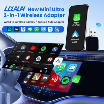 محول 2 في 1 لاسلكي صغير لنظام أندرويد أوتوماتيكي ونظام كاربلاي لاسلكي لأجهزة iOS 10+ وأندرويد 11+، USB-A/نوع C، التوصيل والتشغيل، وقت استجابة منخفض، سيارات OEM، أسود