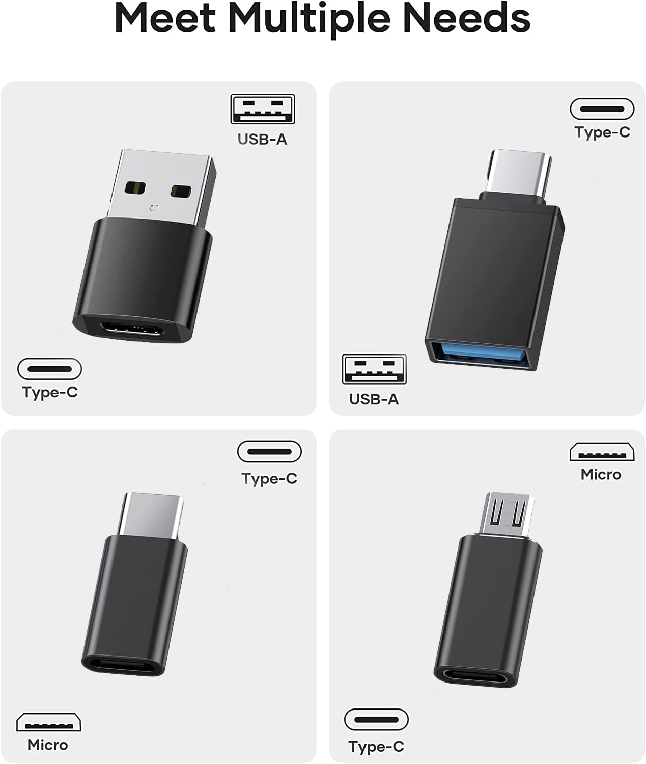 USB C to USB Adapter (4 Pack) 3.1 USB C Female to USB Male Adapter, USB C to Micro USB Adapter OTG, Type C Charger Converter Compatible with iPhone, PC, Samsung, iPad, Laptop (Black)