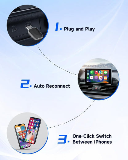 محول كاربلاي لاسلكي صغير لايفون 2025 مطور بخاصية التوصيل والتشغيل، بدون زمن انتقال، يدعم USB A/C، متوافق مع iOS 10+ والسيارات 2016+