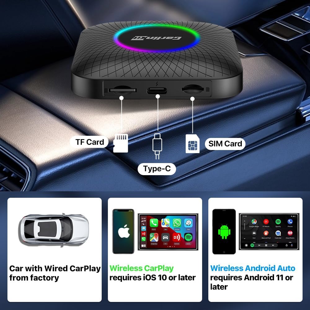 جهاز اندرويد 13 ايه اي بوكس اصدار LED من كارلينكيت، كوالكوم 8 نواة، 8+128GB، محول 3 في 1 مع شبكة 4G خلوية، بث فيديو، جوجل بلاي مدمج، مناسب فقط لسيارات كاربلاي السلكية في المصنع