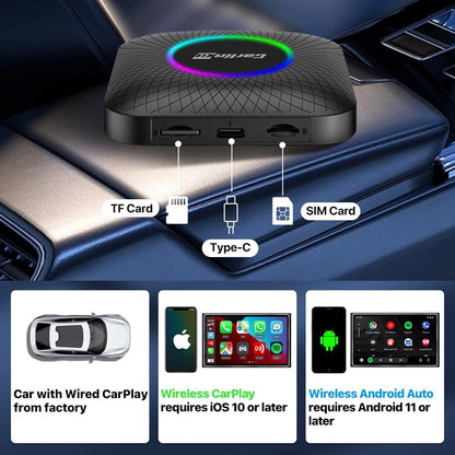 جهاز اندرويد 13 ايه اي بوكس اصدار LED من كارلينكيت، كوالكوم 8 نواة، 8+128GB، محول 3 في 1 مع شبكة 4G خلوية، بث فيديو، جوجل بلاي مدمج، مناسب فقط لسيارات كاربلاي السلكية في المصنع