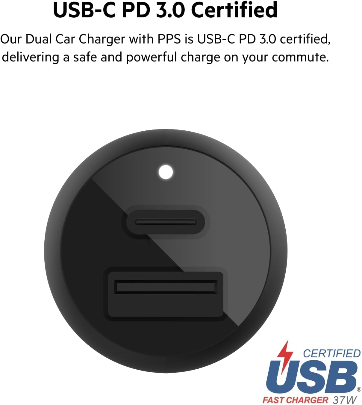 بلكن شاحن سيارة سريع بمنفذين 37 واط، منفذ USB نوع C 25 واط PPS ومنفذ USB A 12 واط لسامسونج جالاكسي S24 وS23 وS22 والترا و5G بلس ونوت 20 وايفون 16 و15 و14 و13 و12 وبرو وماكس وميني والمزيد