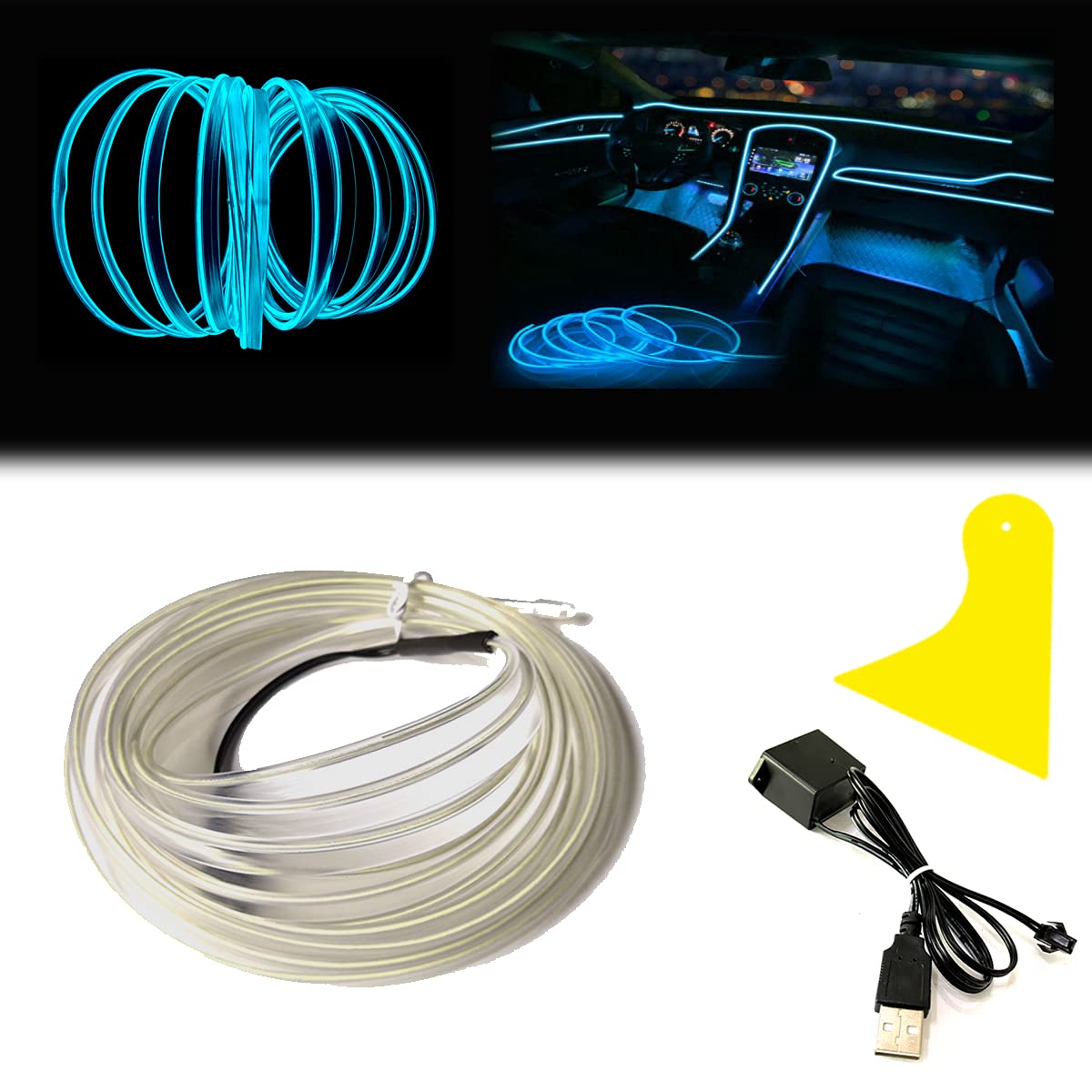 شريط إضاءة LED داخلي للسيارة بلون أحمر من ماكس لاكسر، سلك نيون بطول 5 متر ومنفذ USB بجهد 5 فولت مع مصهرات حماية وحافة مدروزة مقاس 6 ملم